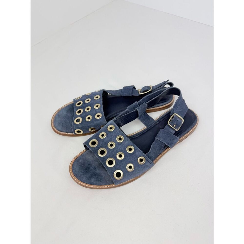 J. Crew Blue Suede Leather Gold Grommet Slingback Nautical Flat Sandals - Picture 6 of 14